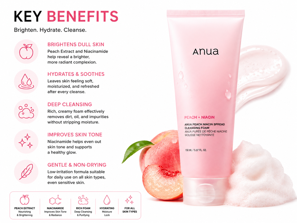 Anua Peach Niacin Spread Cleansing Foam Brightening & Hydrating Cleanser (150ml)